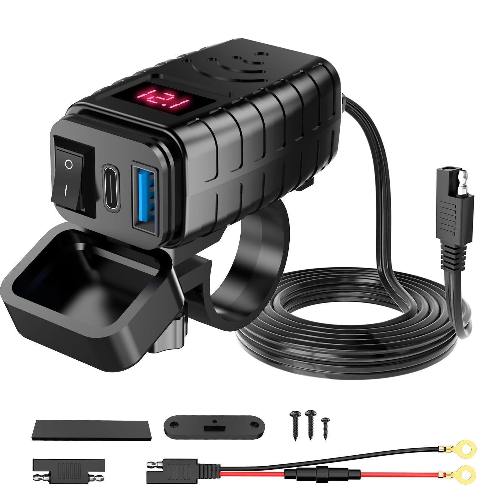 Motorrad USB Ladegerät für Honda Goldwing GL1800 Goldwing GL 1800, 30W PD und 18W QC3.0, mit Schalter und LED Spannungsmesser, 12V/24V, Wasserdicht Zubehör,Red