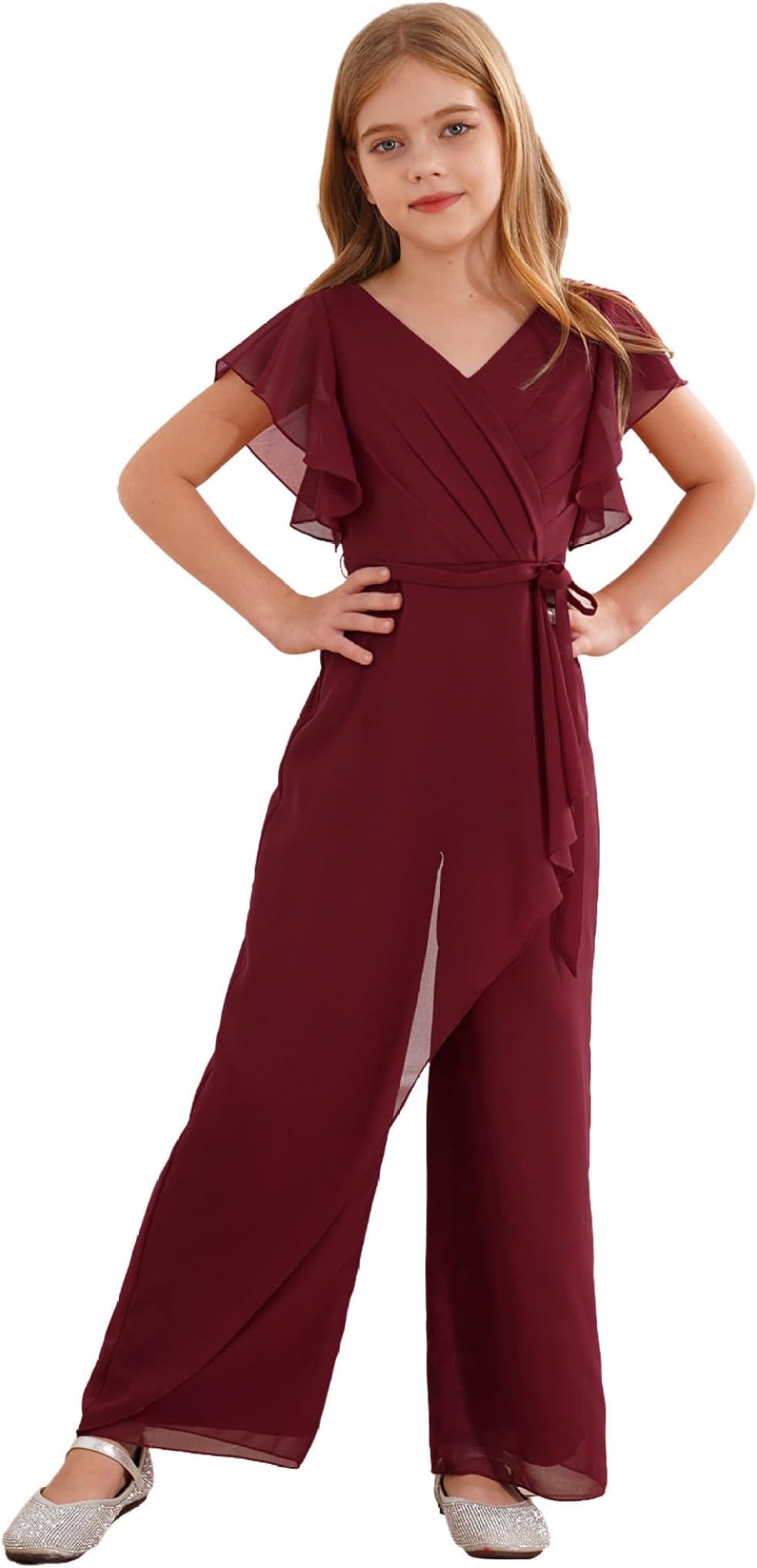 Kids Flower Girl Formal Jumpsuit Wrap V Neck Chiffon Party Dance Romper Gown Summer One Piece Outfit