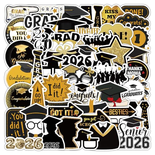 50 PCS 2026 Graduation Stickers Waterproof Vinyl Black & Gold Foil Graduation Decals for Laptop Luggage Skateboard Phone Fridge Trendy Stickers for Teens Adults Graduates