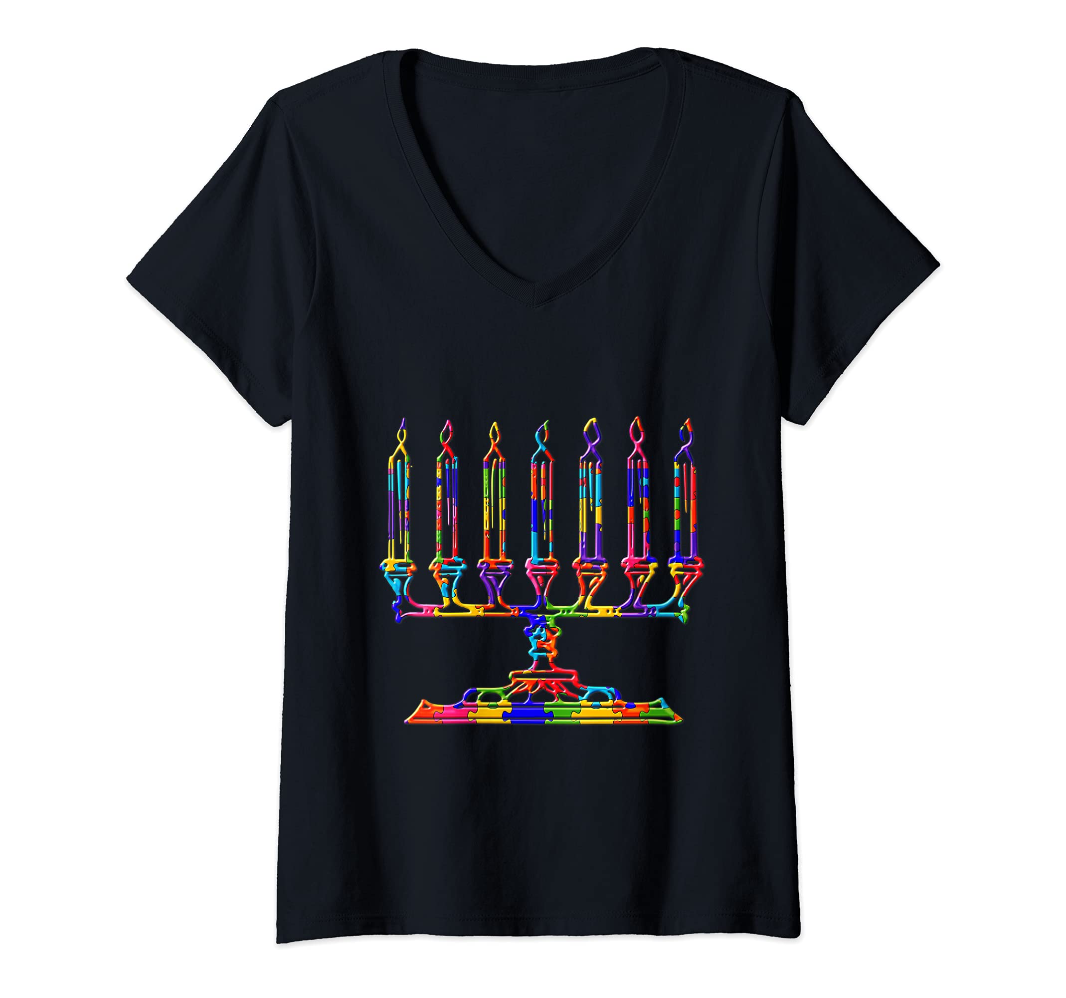 Womens Menorah Hanukkah Jew Judaism Jigsaw Autism Puzzle V-Neck T-Shirt
