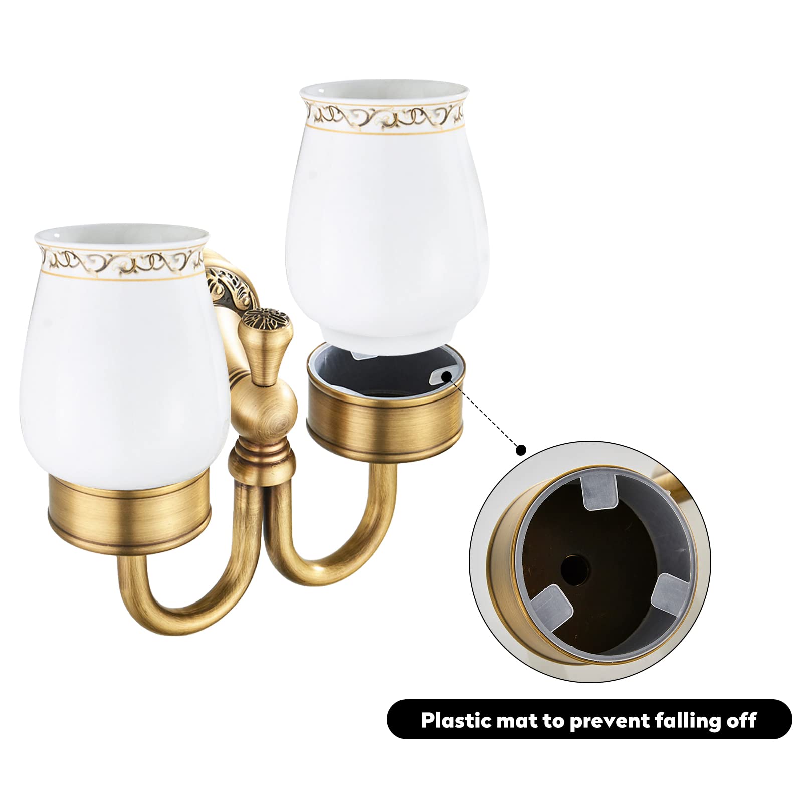Weare Home Antike Zahnputzbecherhalter, Messing Zahnbecherhalter,Retro Klassic Solide Kupfer Zahnbürstenhalter und Keramik Glas Form Doppelt Zahnbürstenhalter