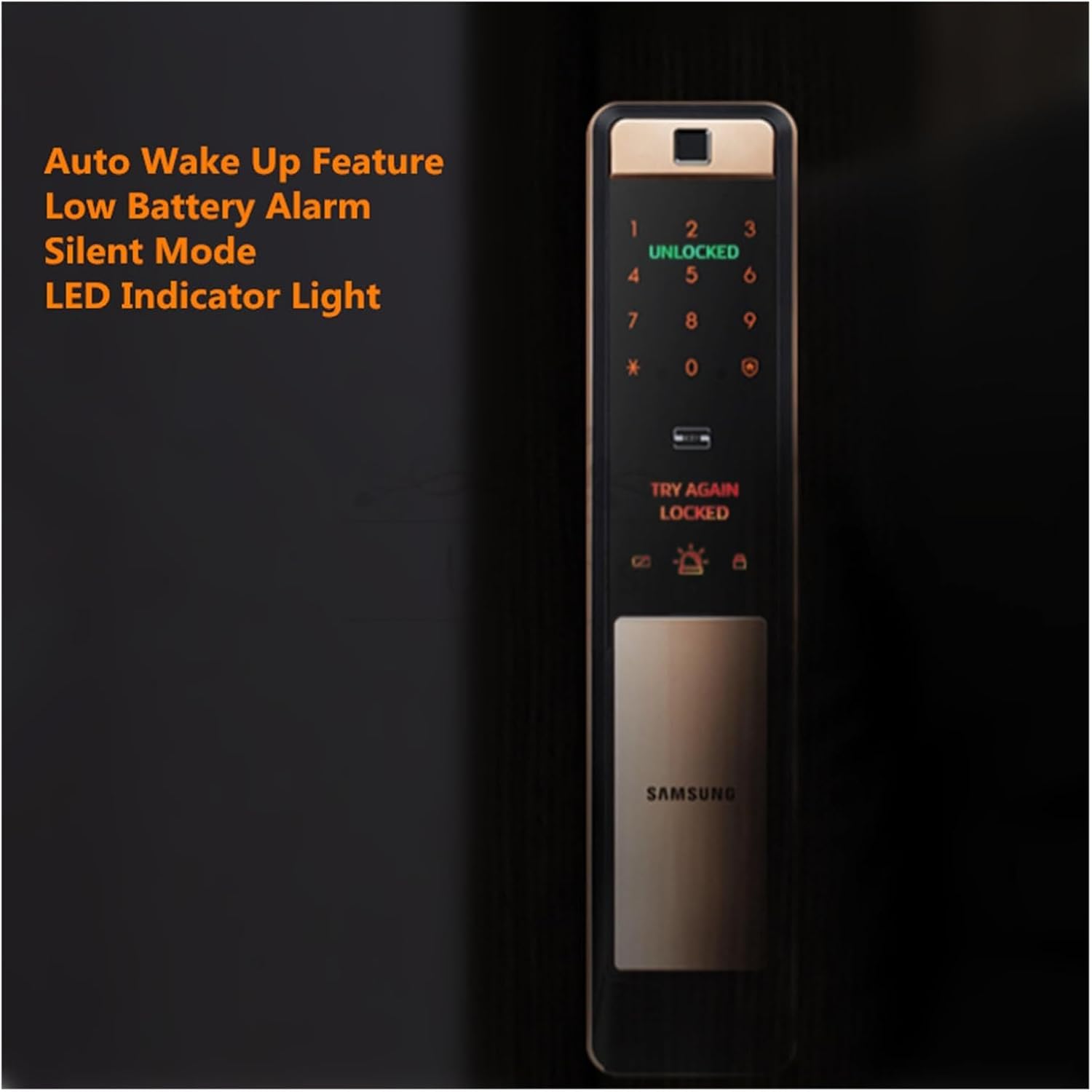 Smart lock keypad showing 'UNLOCKED' and 'LOCKED' indicators, demonstrating auto wake-up and silent mode features.