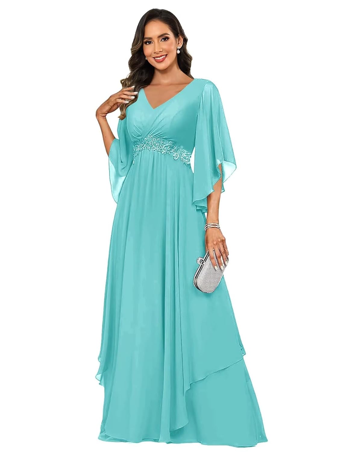 3 4 Sleeve Mother of The Bride Dresses for Women Lace Applique V Neck Pleated Formal Dress