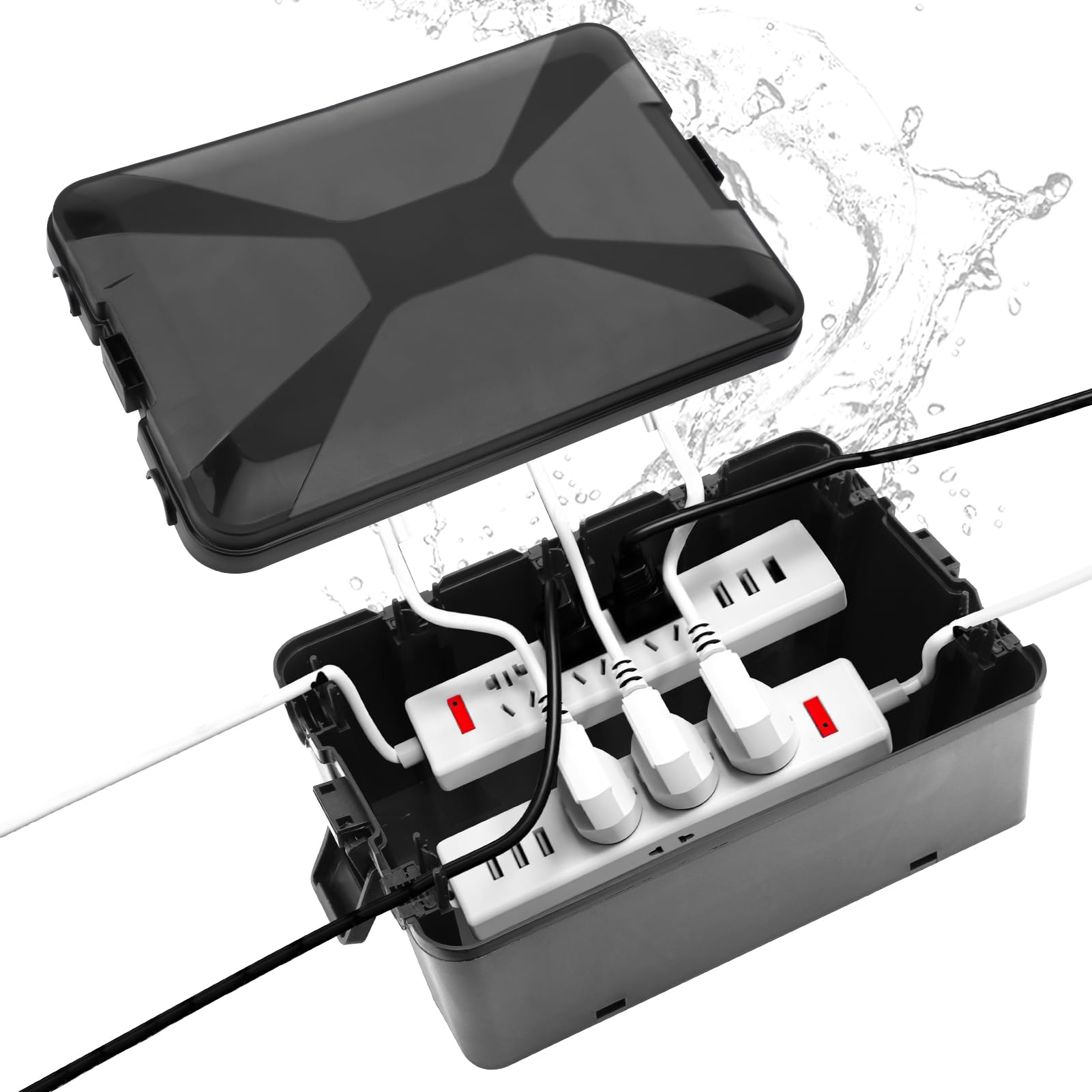 Gugxiom Grande scatola impermeabile per esterni, 32 x 22 x 13 cm, IP54, Outdoor Electric Box, 7 cavi porte, scatola per cavi di prolunga, ciabatta e connettori esterni (nero)