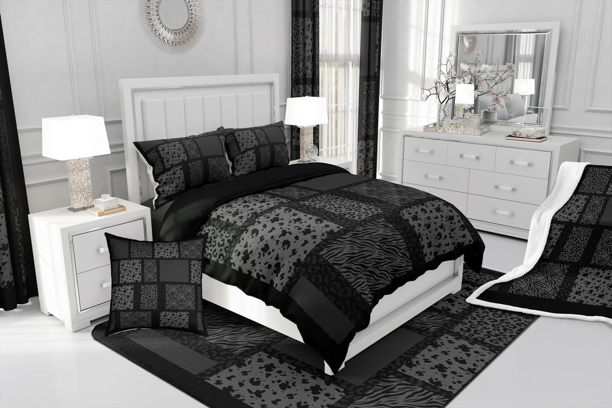 Grey and Black Bedspread King,Leopard Cheetah Zebra Animals Quilted Coverlet 3pcs for Adults Teens Room Decor,Wildlife Fur Splicing Print Soft Breathable Bedding Quilt