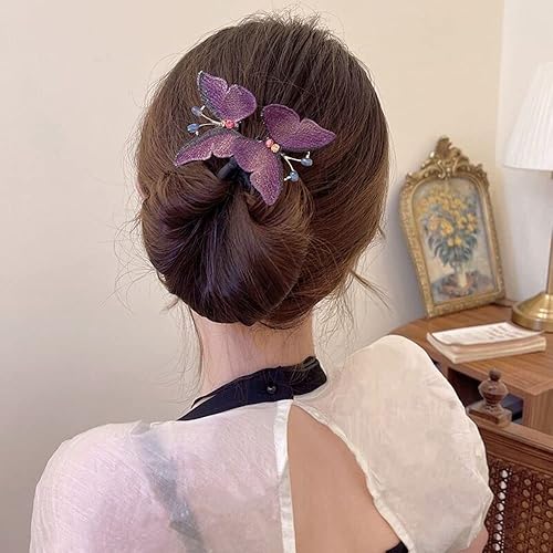 Miniatura 6 de 2 piezas de cuerda de pelo perezoso bordada doble mariposa mágica clip de pelo giratorio banda para el pelo rizado artefacto accesorios para el