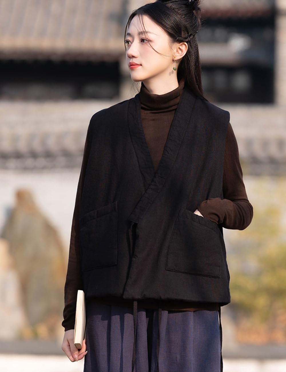 Ystylee Womens Casual Quilted Vest Lightweight Tie Up Wrap Front Jacket Outerwear with Pockets