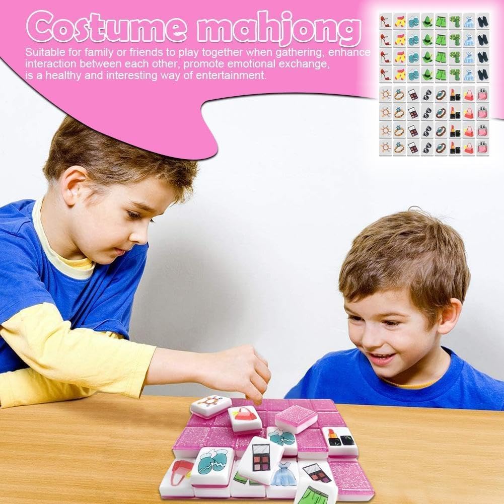 シーサイドエスケープゲームブロック麻雀セット、64タイル36mm衣類パターン麻雀、ファミリーパーティーゲームブロック麻雀タイルセット