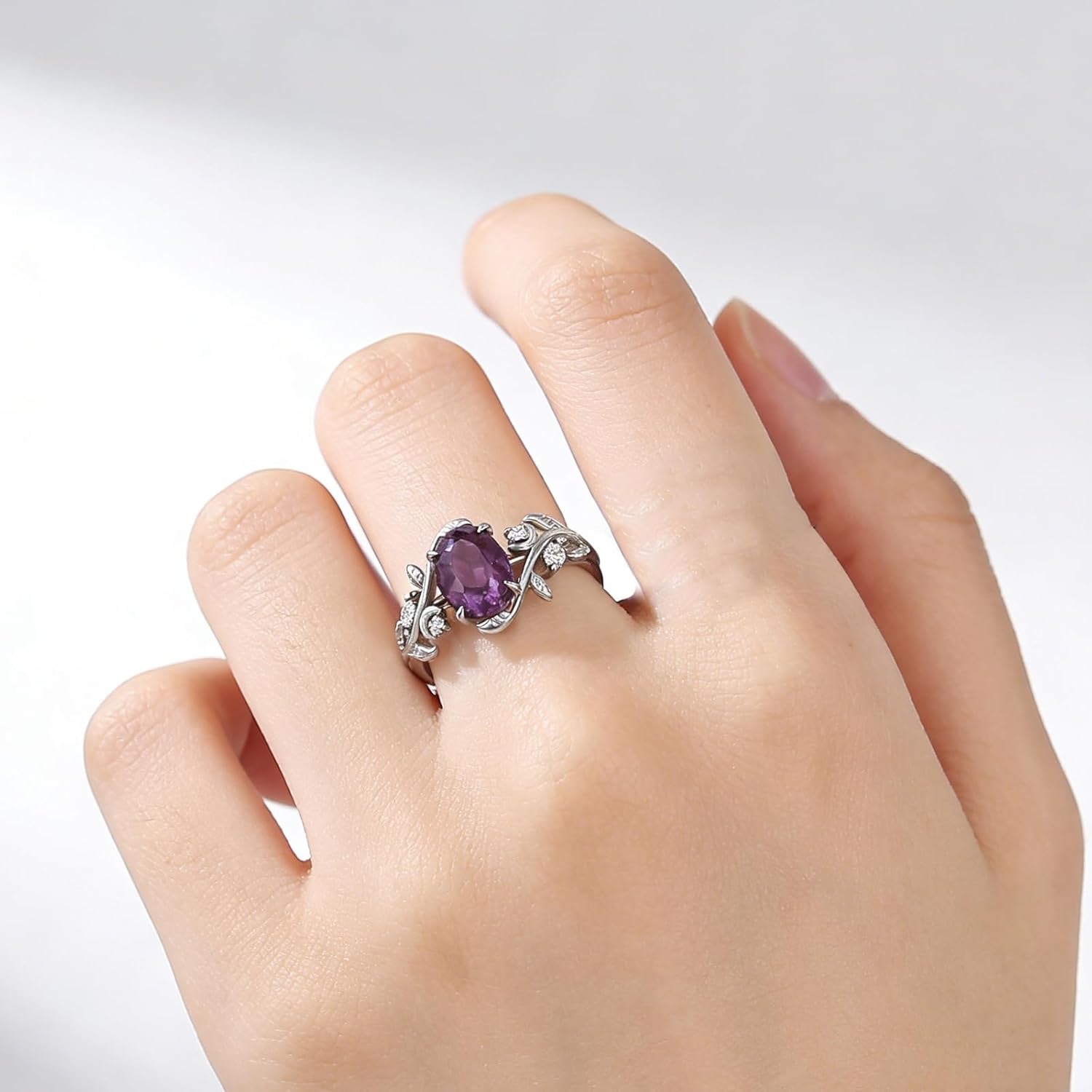 1 Carat Oval Cut Gemstone Art Deco Promise Couple Ring for Him and Her 925 Sterling Silver Retro Style Leaf Birthstone Wedding Band Ring Set for Anniversary Jewelry Size 3-18