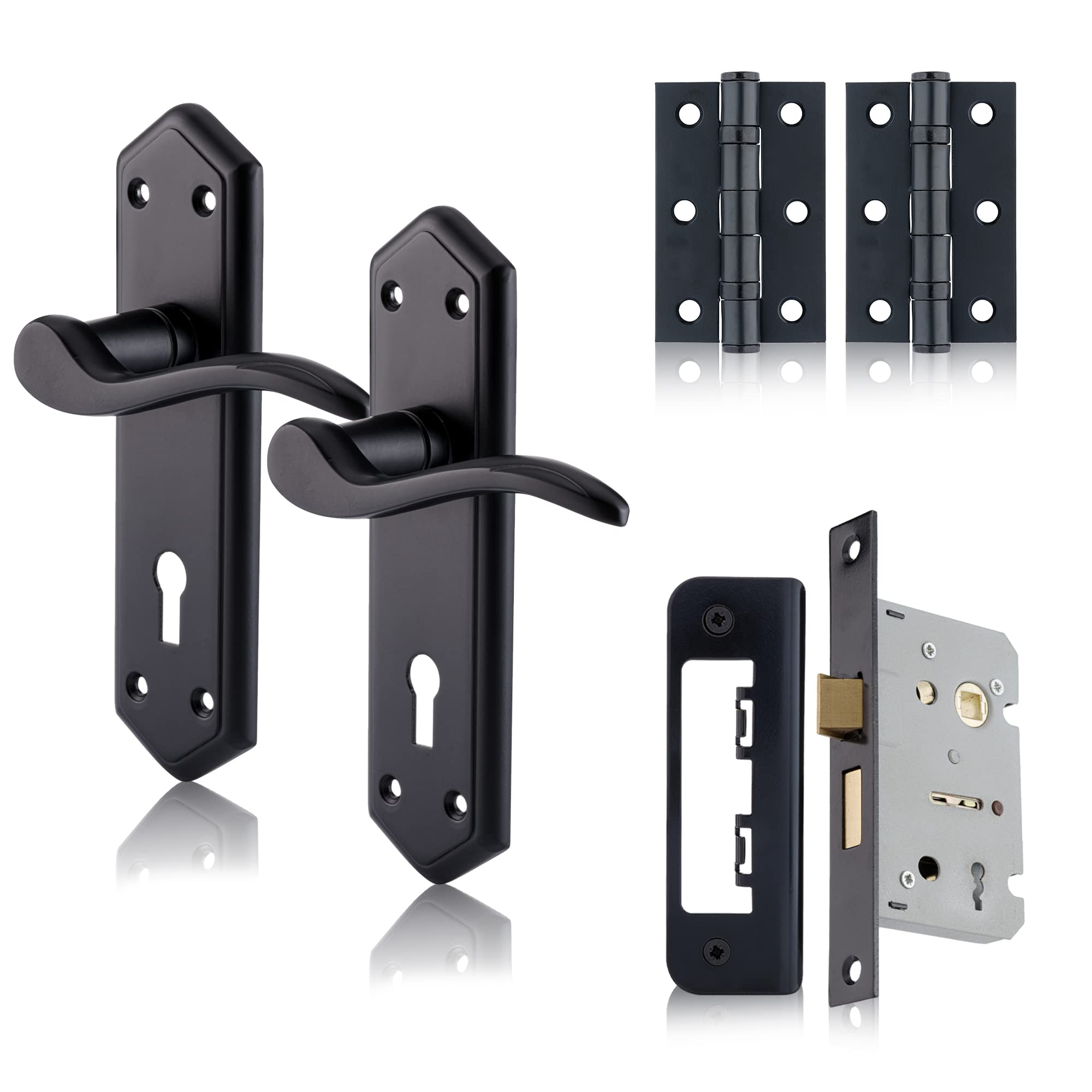 Xfort Matt Black Black Beauty Range London Suite Lever Lock Pack, Complete Set With Lock Door Handles, 65Mm Sashlock And 75Mm Ball Bearing Hinges, For Internal Wooden Doors