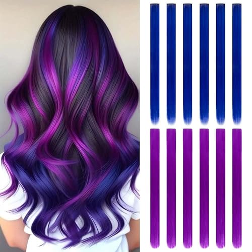 Miniatura 9 de Extensiones de cabello sintético con clip de color de 20 pulgadas, 10 piezas de cabello lacio para fiesta, color azul marino