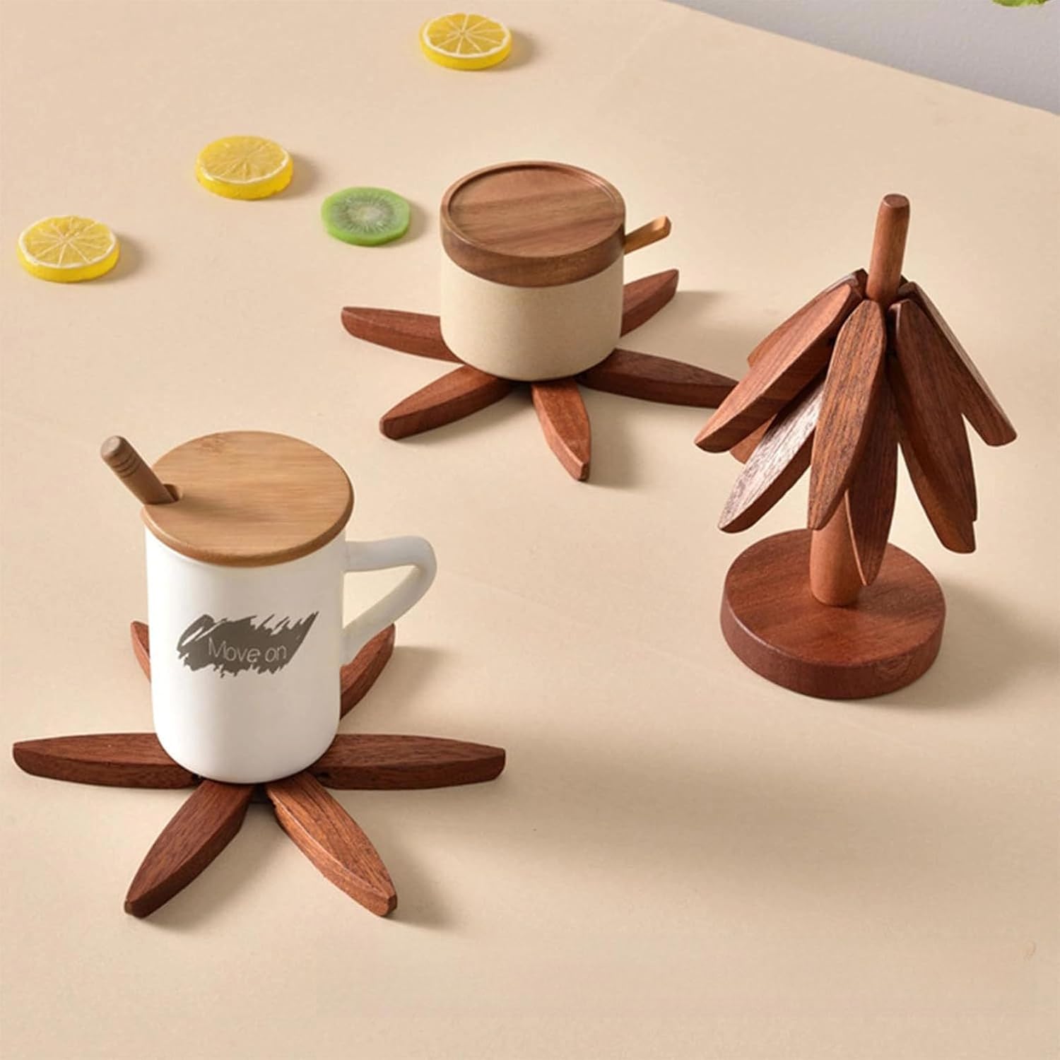 Wooden Tree Trivet Set Insulation Mat,Tree Trivet Cup Coasters,Pot Protectors for Stacking,Trivets for Hot Dishes, Treevet Coaster Set,Hot Pot,Glass,Bowl,Plate (4 Piece-Beech Wood)