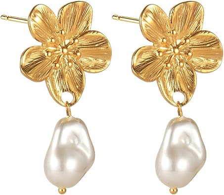 Bohemian Flower Earrings for Women Mom Stainless Steel Baroque Pearls Dangle Drop Stud Earrings Elegant Ear Jewelry for Mother