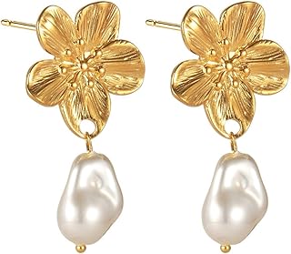 Bohemian Flower Earrings for Women Mom Stainless Steel Baroque Pearls Dangle Drop Stud Earrings Elegant Ear Jewelry for Mother