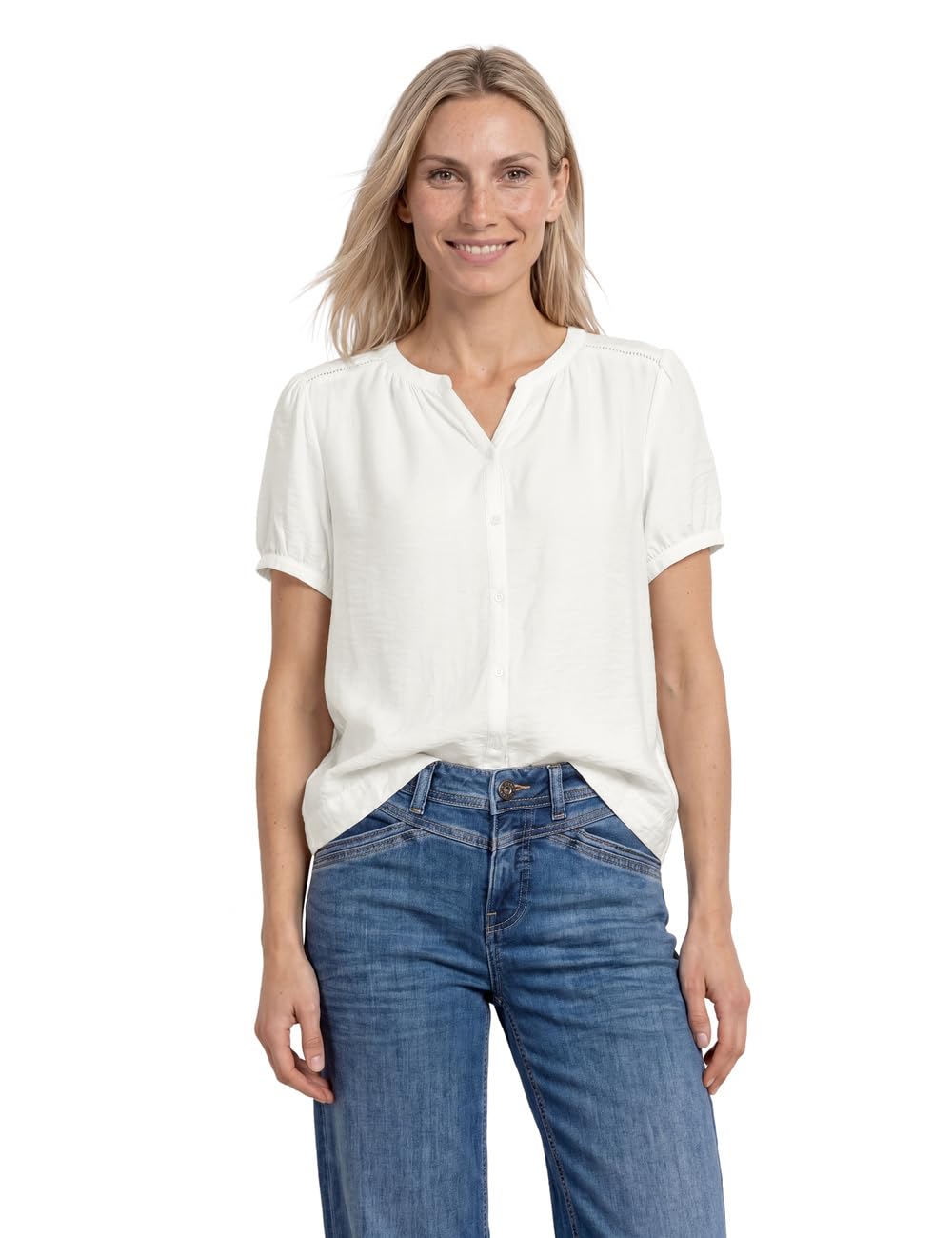 Street One Short Sleeve Blouse with Split Neck and Buttons Off White 34