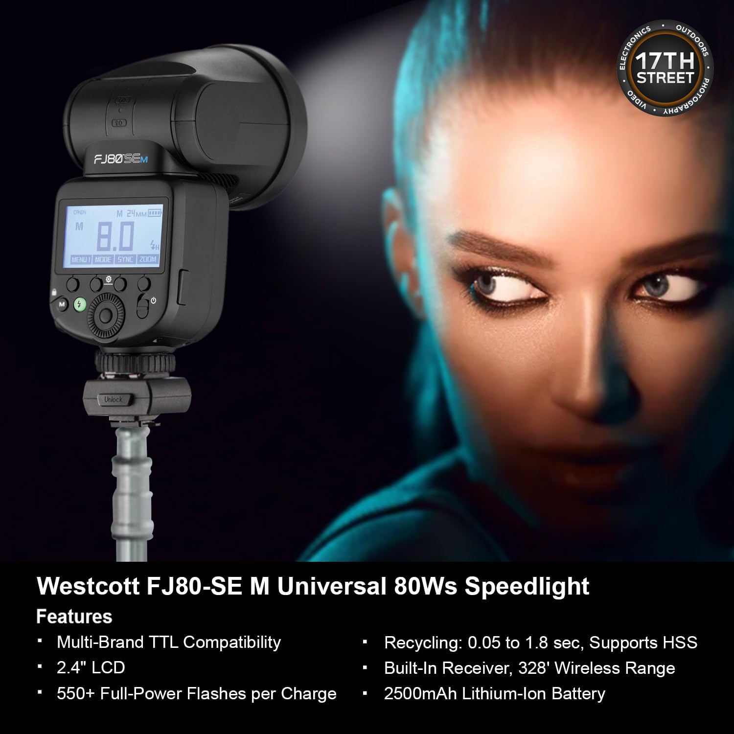 Westcott FJ80-SE M Universal 80Ws Speedlight with 2.4 Inch LCD | 550+ Full-Power Flashes per Charge with Diffusion Dome for Magnetic Mounting and Waith Microfibre Cleaning Cloth Bundle Set