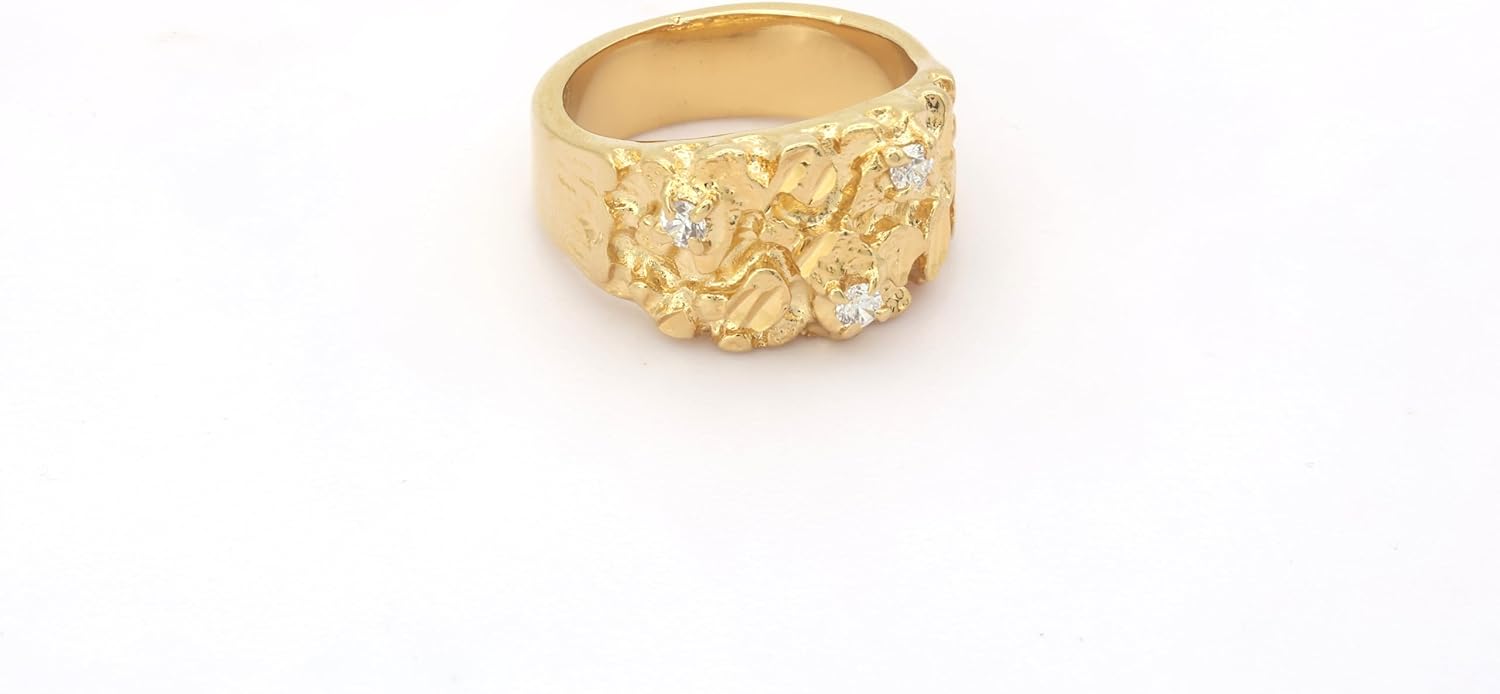 14K Gold Plated Nugget Ring with Cubic Zirconia, 6mm Band Width, Mens Jewelry Size 7-15