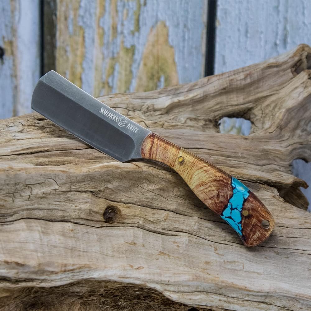 WHISKEY BENT HAT CO. Bullcutter Fixed Blade Knife 440C Stainless Steel 6.5" Overall Length w/Leather Sheath (Turquoise River)