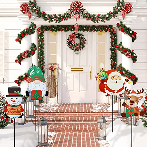 4 Pieces Christmas Garden Metal Stake Decor Santa Claus Snowman Yard Stakes 25.6 Inch Christmas Gnome Elk Yard Signs Xmas Outside Decorations For Home Lawn Pathway Patio #TOP30