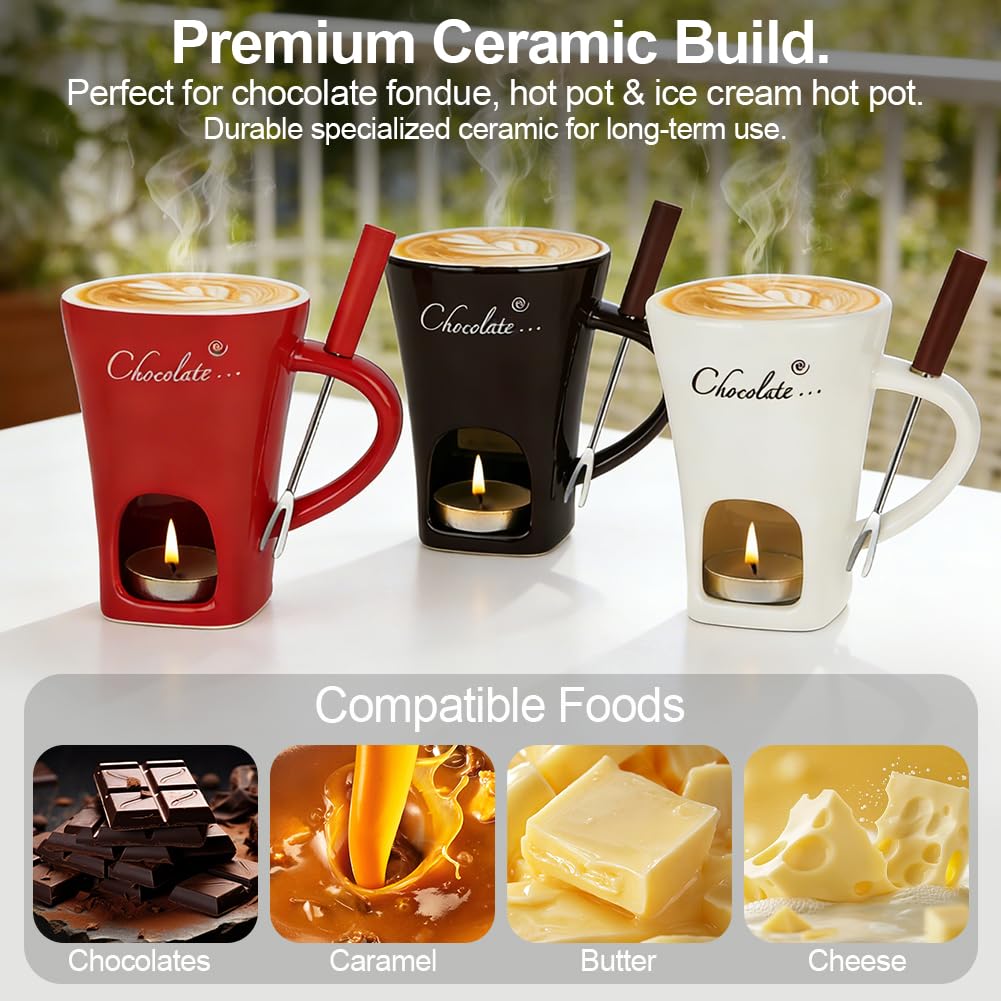 Vicloon Tazas de Fondue de Chocolate, 130 ML Taza de Fusión de Chocolate de Cerámica, Taza de Fusión de Queso con Tenedores, para Derretir Queso, Chocolates y Mantequilla (Rojo)