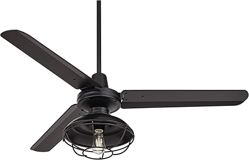 Miniatura 2 de Casa Vieja Ventilador de techo industrial de 3 aspas Plaza de 52 pulgadas con control remoto de luz LED, color negro mate, para patio, exterior,