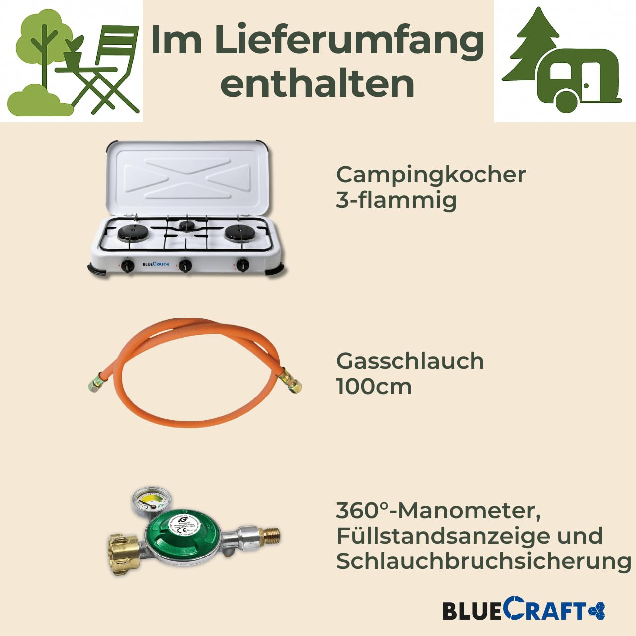 Bluecraft Campingkocher 3 flammig 5,25kW mit Schlauch, Regler & Manometer | Gaskocher, Druckanzeige, Regler & Gasschlauch für Gasflaschen, für Camping, Outdoor, Notfall, Garten & Freizeit, Wohnmobil