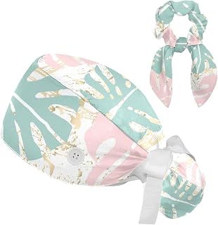 FVQL 2 Pieces Surgical Cap for Long Hair Scrub Cap with Hairband Nurse Cap, Marble Pattern Monstera Leaf