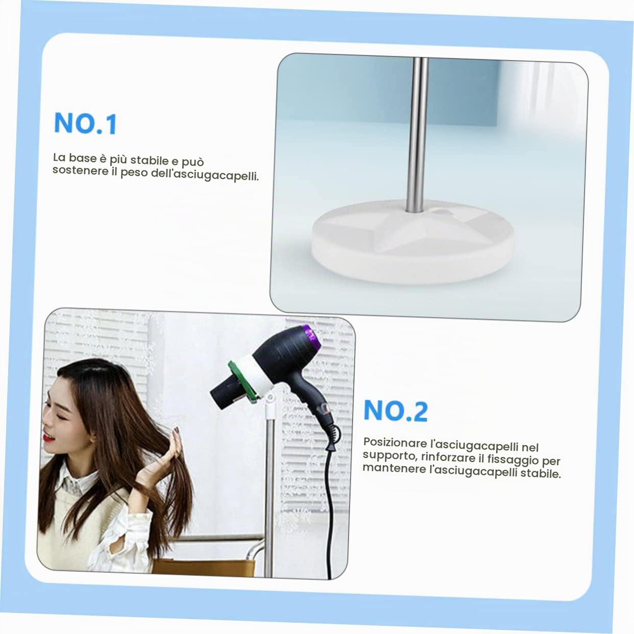 Supporto per Asciugacapelli Regolabile 50-106cm in Acciaio Inox per Toelettatura Pet e Uso Domestico, Porta Phon Mani Libere Bianco per Amici degli Animali