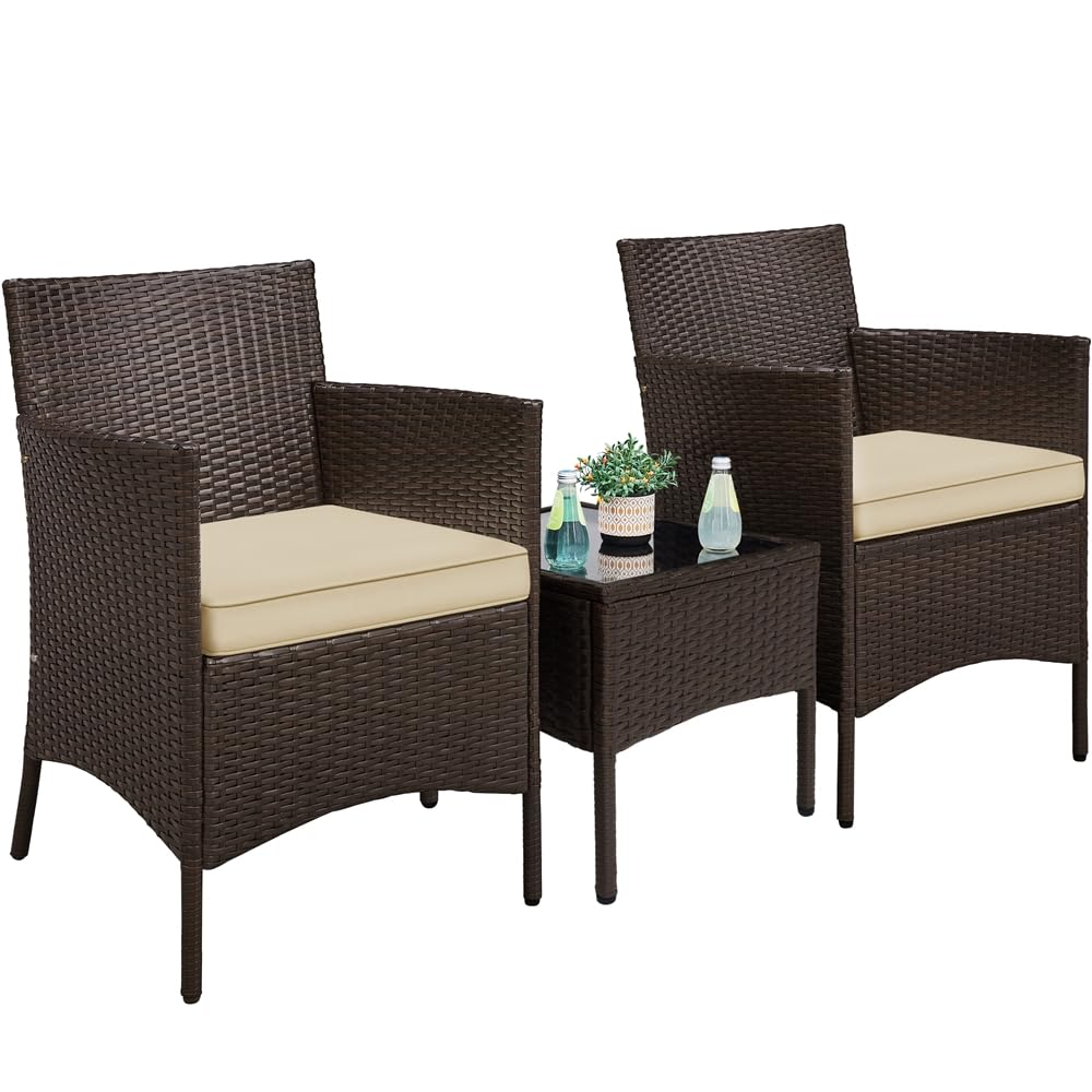Yaheetech Set Mobili da Giardino 2 Poltrone e 1 Tavolino in Rattan PE Impermeabile per Esterno con Cuscini Marrone