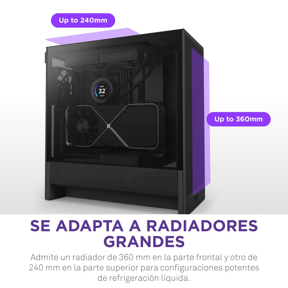 NZXT H5 Flow - Caja PC Semitorre ATX Compacta - Negro | Semitorre compacta con 2 ventiladores de 120mm, soporte de radiador frontal de 360mm y vidrio templado. Ideal primer montaje.