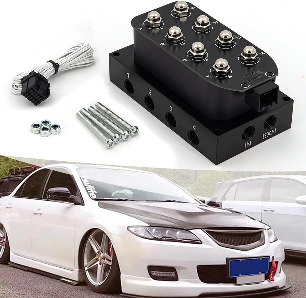 12V Air Ride Suspension Manifold Kit with 8 Air Ride Solenoid Valves, with 5M 9-Switch Wired Remote Controller Can be Used for Air Bag Inflation and deflation