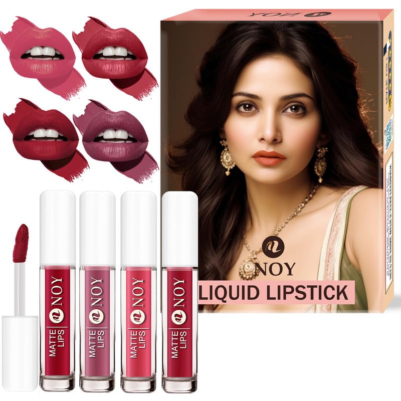 Image of Noy Lipstick For Dusky Skin Tone Matte Soft Matte Finish with Long-Lasting Wear - Cherry Nude, Nude Pink, Tan Nude, Venetian Red Shades Pack of 4
