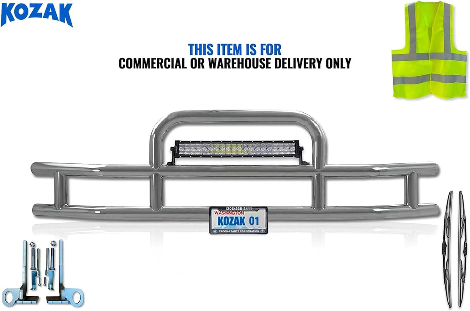 KOZAK Front Bumper Grille Deer Brush Moose Guard - Round - Compatible with Kenworth T680 2012-2021 Plus 22" LED Bar, License Plate Holder, Bracket, Logo, Reflective Vest and Wipers