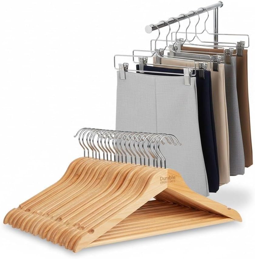 USTECH Closet Organizer Bundle – 2 Pack 8-Tier Swing Arm Pants Hangers + 20 Pack Slim Wood-Like Plastic Hangers for Space-Saving Wardrobe Storage