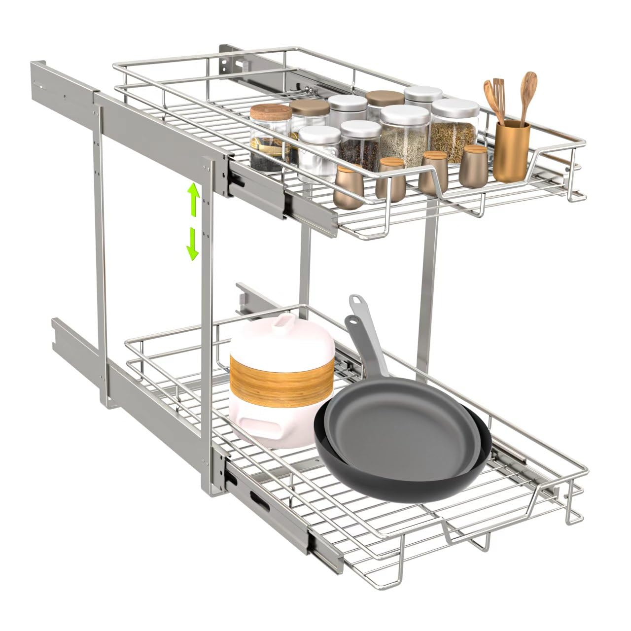 EZKAZA Pull Out Cabinet Organizer 11.5" W x 21" D, 2-Tier Kitchen Cabinet Pullout Shelf and Drawer Organizer Slide Out Pantry Storage Basket, 10.2" W x 21" D x 2.4" H for Bottom Basket Size (color is black not silver)