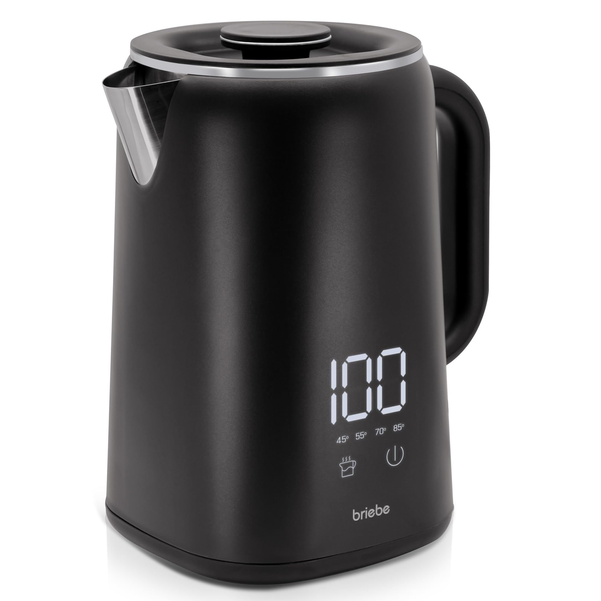 briebe eBoil Hervidor Agua Eléctrico 1,7L Regulador de Temperatura Digital 45°C a 100°C Función Keep Warm, 1500W, Interior Acero Inox, Libre de BPA, Base de 360°, Controlador Strix, Negro