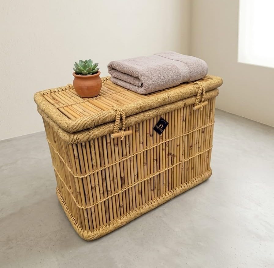 Handmade Laundry Basket,Natural Bamboo Storage Trunk, Handwoven Lidded Chest with Rope-image-47