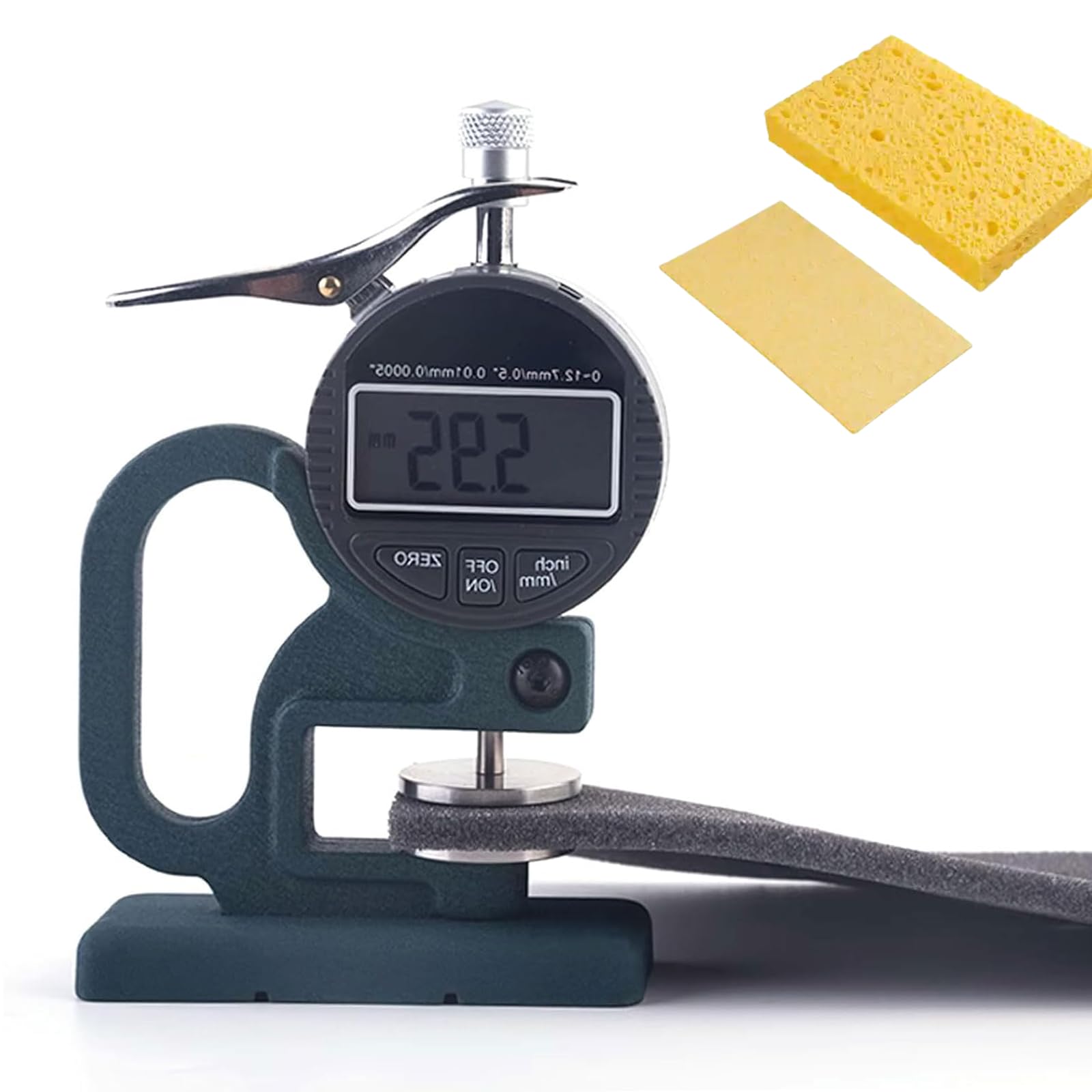 Dickenmessgerät 0–12,7 mm, 30 mm Sonde, 0,01 mm Auflösung, großes Display für Schaum-, Papier- und Materialprüfung