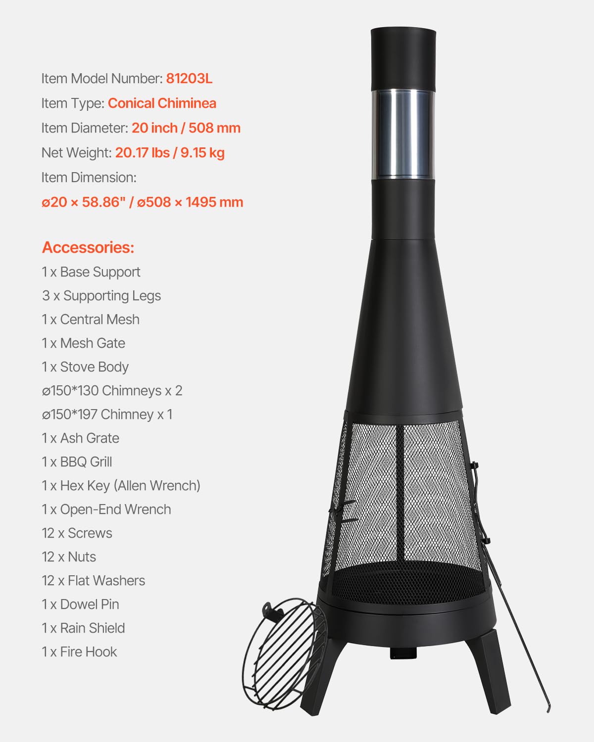 VEVOR Gartenkamin, φ508x1495 mm Terrassenofen, konischer Kamin zum Grillen & Wärmen, Aztekenofen für draußen mit Grillgitter, Kaminmantel & rostfreiem Kamindeckel, für Terrasse, Garten, Hinterhof