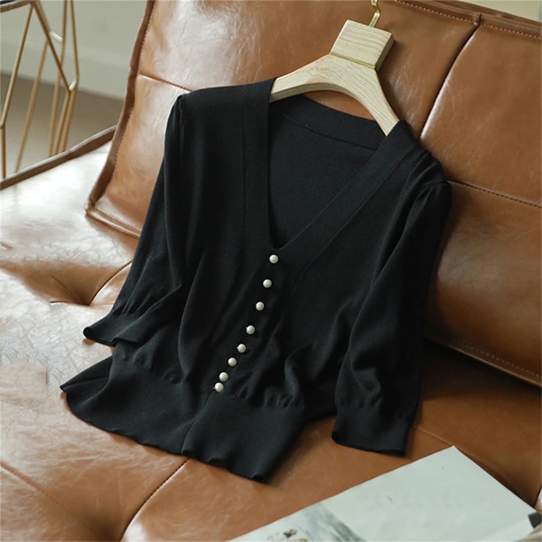 Hauts d'été en tricot à boutons perlés pour femme Col en V Slim Tricoté Décontracté