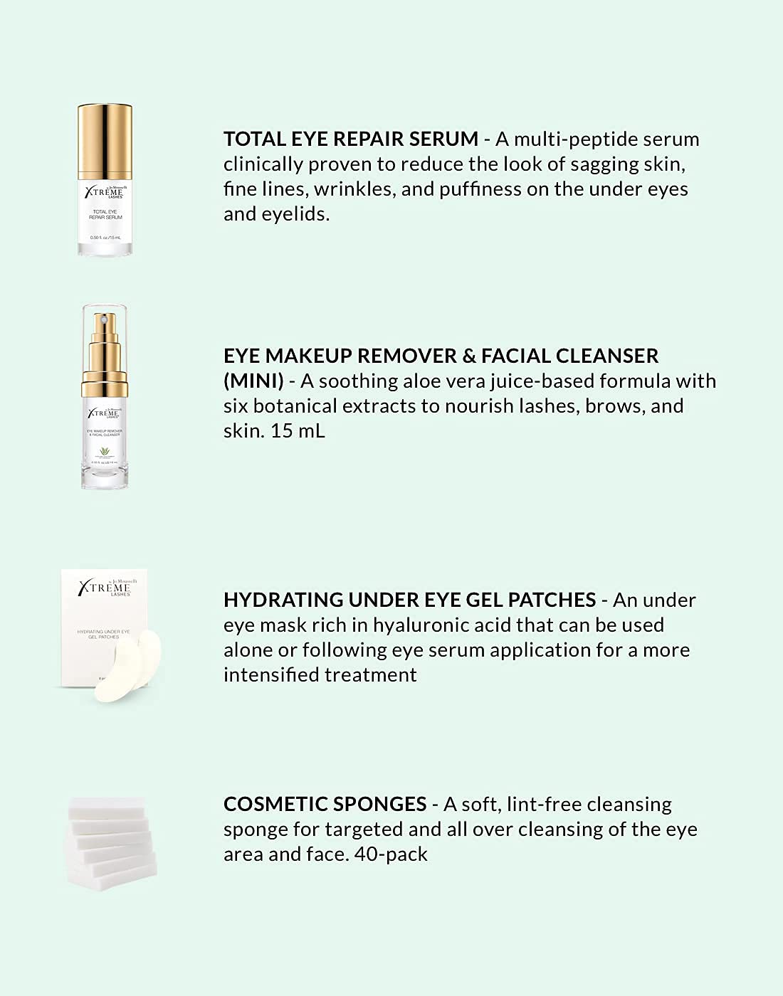 Xtreme Lashes Eye Treatments 4 Piece Kit, Total Eye Repair Serum 0.50 Oz, Eye Makeup Remover & Facial Cleanser Liquid Pump 0.5 Fl Oz, Silicone Under Eye Patches 6 Pairs, 40 Cosmetic Sponges
