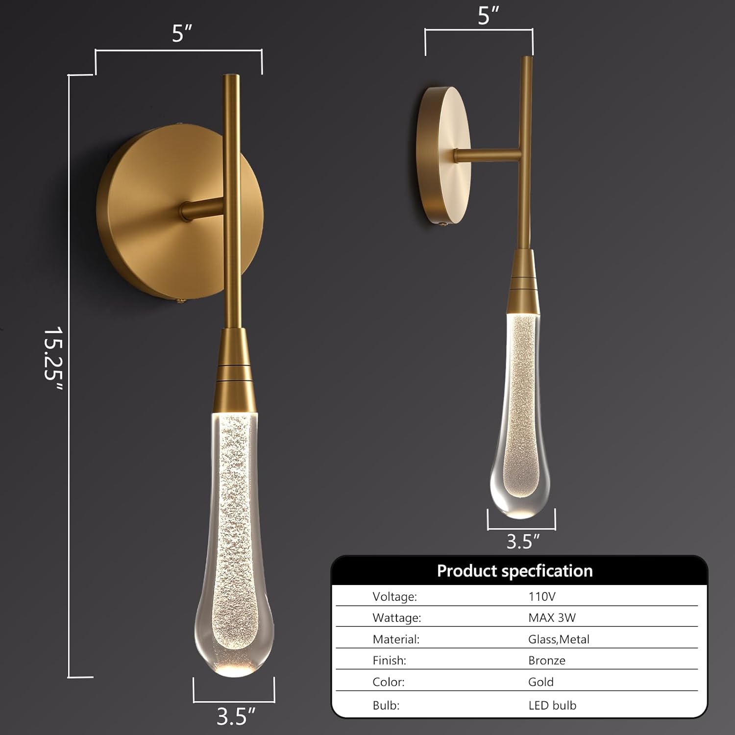 Raindrop Wall Sconces Gold Raindrop Sconce Wall Lighting Bedroom Luxury Glass Teardrop Wall Light for Living Room Bathroom Brass Wall Sconces, Glass Vanity Light for Bathroom, Bulb Included