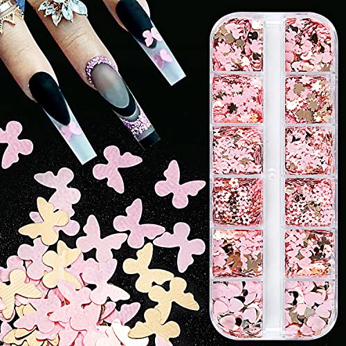 12 Grids Gold Pink Nail Glitter Sequins 3D Holographic Nail Glitter Flakes Butterfly Flower Leaf Nail Sequin Flakes Heart Rabbit Nail Charms For Women Nails Art Decorations #TOP3