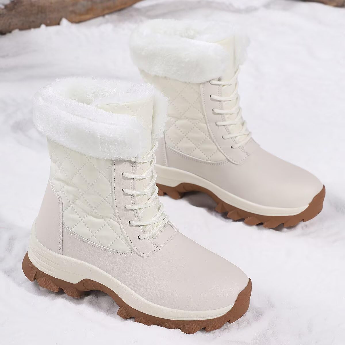 GSLMOLN Women's Waterproof Snow Boots, Mid-Calf Fur Lined Non-Slip Warm Boots for Winter Hiking Walking in Cold Weather