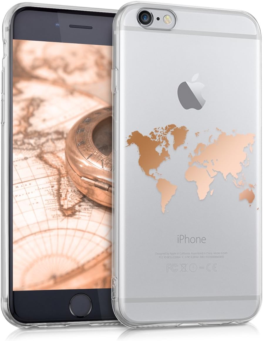 kwmobile TPU Case Compatible with Apple iPhone 6 / 6S - Case TPU Phone Cover - Travel Outline Rose Gold/Transparent