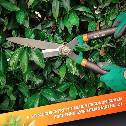 Foto von GRÜNTEK Heckenschere Panther 540 mm, Gartenschere u. Strauchschere, manuell, hochwertige Stahlklingen, Wellenschliff, ergonomische Eschenholzgriffe, sehr gute Schärfbarkeit, Profi Gartenheckenschere