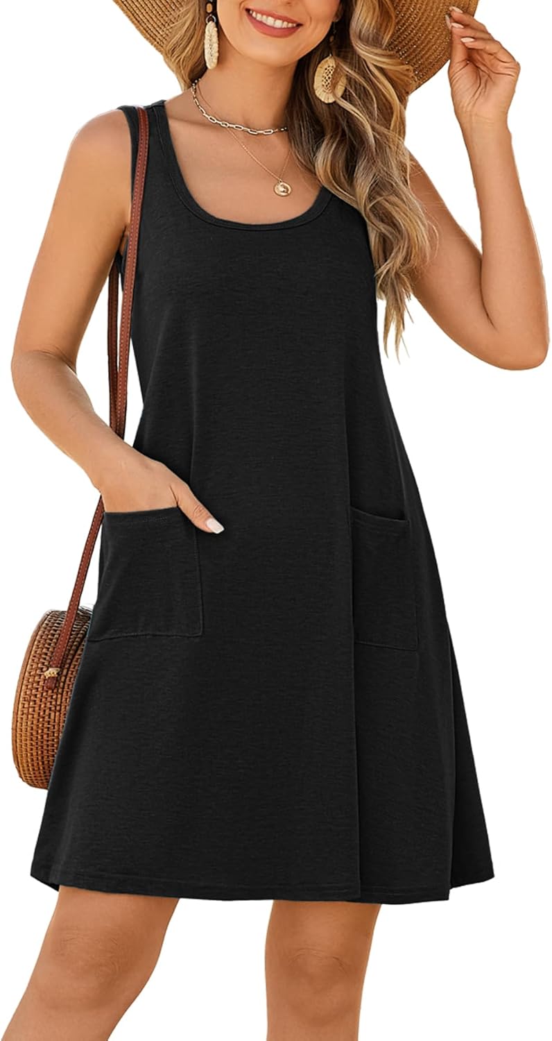 Besshopie Womens Summer Dresses U Neck Sleeveless Sundresses Beach Vacation Cover Up Tank Dress with Pockets