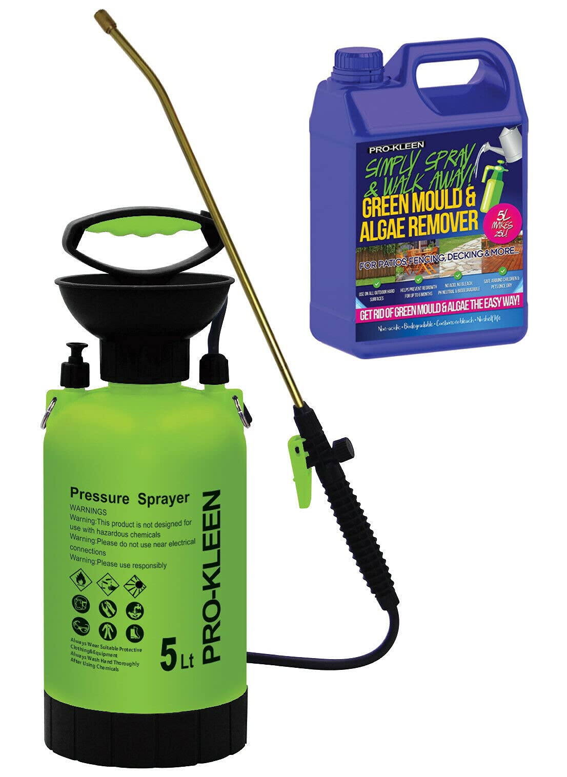 Pro-Kleen Patio Cleaner Garden Pressure Pump Sprayer Manual Action - Brass Lance - Spare Seal Kit - Simply Spray Mould & Algae Remover 5L - For Weed Killer, Garden Pesticides and More (5 Litre)