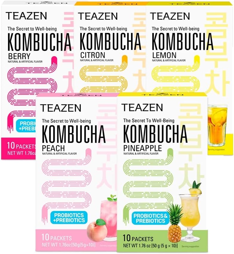 TEAZEN 5 Flavors 50 Sticks Variety Pack, Kombucha Lemon, Peach, Berry, Pineapple, Citron Flavor (50 Sticks)