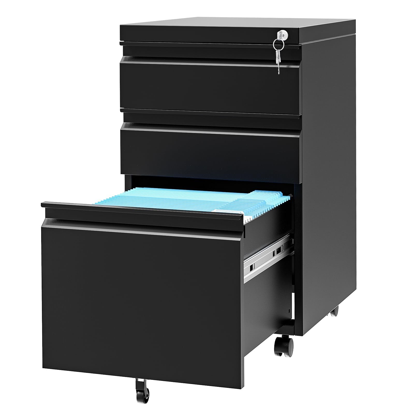 Armoire à roulettes avec 3 tiroirs - En métal - Avec serrure à clé - Table d'imprimante - Meuble bas pour bureau, salon, chambre à coucher - 37 x 44 x 60 cm - Noir